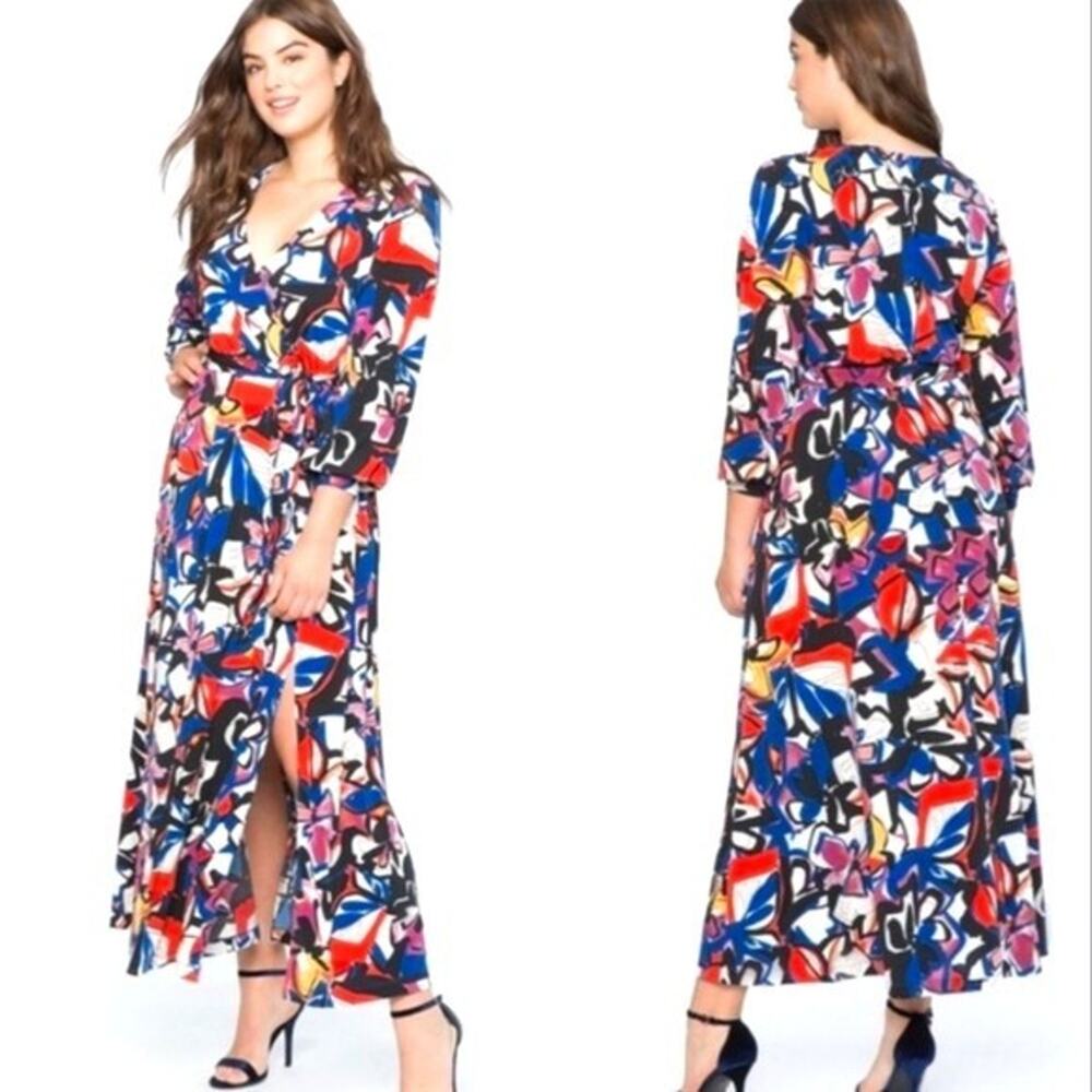 Eloquii Havana Floral Faux Wrap Maxi Dress Sz 16 Slit Long Sleeve Belted Slinky